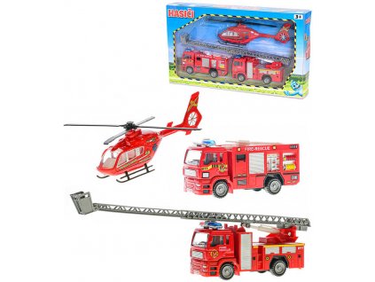 Hasiči herní set 2 požární vozidla + vrtulník 12-18cm volný chod kov