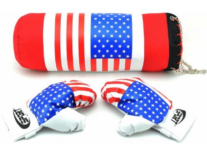 Boxerský dětský set pytel boxovací + rukavice 1 pár potisk vlajka USA v síťce