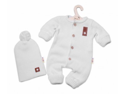 Baby Nellys 2-dílná sada Pletený overálek STAR + čepice Hand Made, bílý