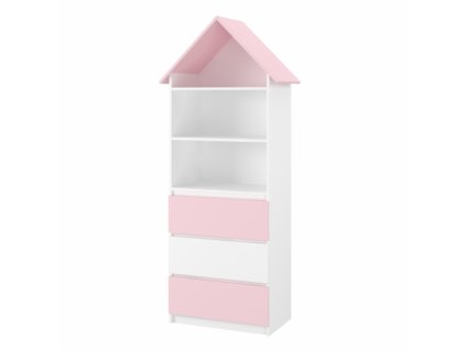 Dřevěná knihovna/skříň na hračky Nellys Domeček A3, bílá/růžová