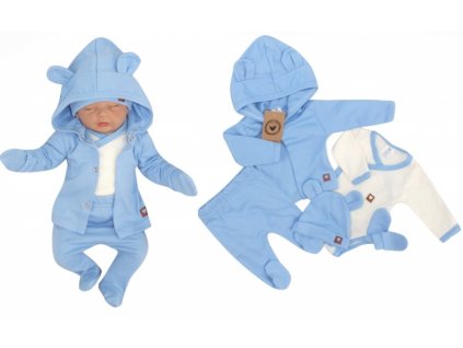 Sada do porodnice 5D, body, polodupačky, kabátek, čepička, rukavičky - modrá