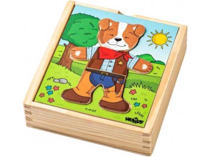 WOODY DŘEVO Baby puzzle šatní skříň pejsek 18 dílků *DŘEVĚNÉ HRAČKY*