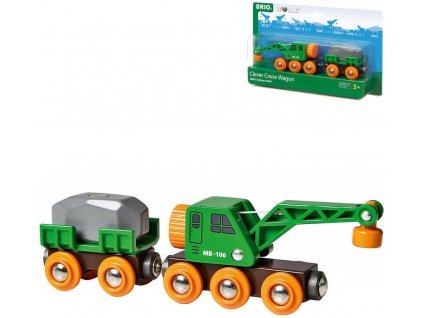 BRIO DŘEVO Set Vagon s nákladem + jeřáb doplněk k vláčkodráze 33698