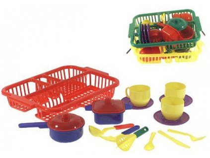 Nádobí dětské set kuchyňský plastový s odkapávačem 3 barvy
