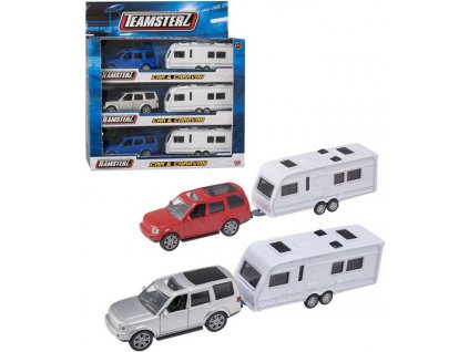 Teamsterz set auto teréní jeep + karavan 3 barvy v krabičce