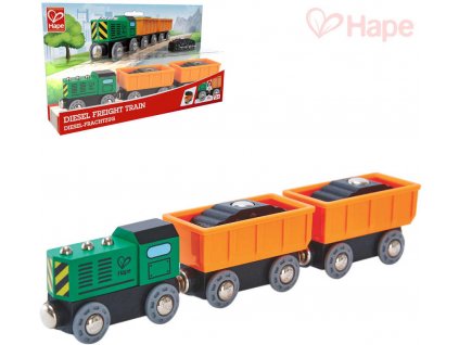 HAPE DŘEVO Vláček diesel nákladní set mašinka + 2 vagonky s nákladem