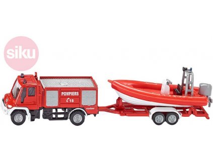 SIKU Auto hasiči Unimog s přívěsem s člunem 1:87 kovové 1636