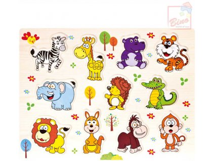 BINO DŘEVO Baby puzzle vkládací zvířátka safari 11 dílků na desce