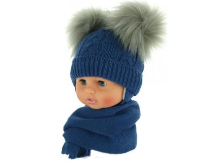 BABY NELLYS Zimní čepička s šálou - chlupáčkové bambulky - tm. modrá