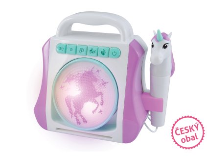 Karaoke box s mikrofonem jednorožec 21x9x19 cm - český obal