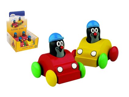 Pískající krtek v autíčku dřevo 7cm 2 barvy 4ks v boxu od 12 měsíců