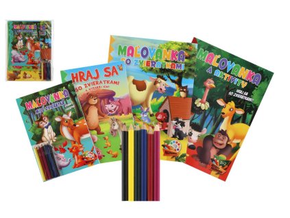 Omalovánky+aktivity/Maľovanky+aktivity Zvířátka/zvieratká 4ks + pastelky CZ+SK verze v sáčku 21x29cm