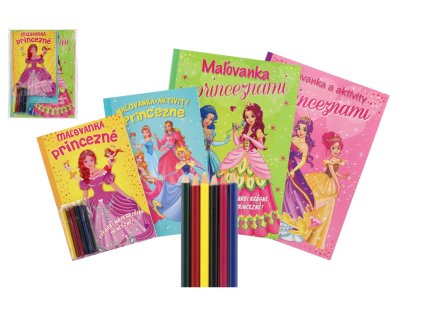 Omalovánky+aktivity/Maľovanky+aktivity Princezny/princezné 4ks +pastelky CZ+SK verze v sáčku 21x29cm