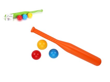 Baseballová pálka 50cm + míčky 3ks  plast 2 barvy v síťce
