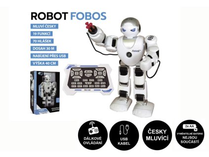 Robot RC FOBOS plast interaktivní chodící 40cm česky mluvící na baterie s USB v krabici 31x45x13cm