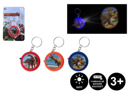 Přívěsek projektor dinosaurus plast 4cm na baterie se světlem 5 druhů na kartě 7x11cm