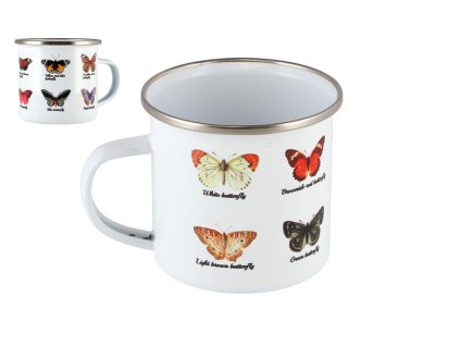 Hrnek/hrníček s uchem motýl 11x8cm smalt bílý v krabičce 11x9x9cm
