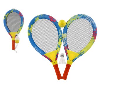 Plážová sada pálky 2ks kov/plast 27x54cm s míčkem s košíčkem barevné v síťce