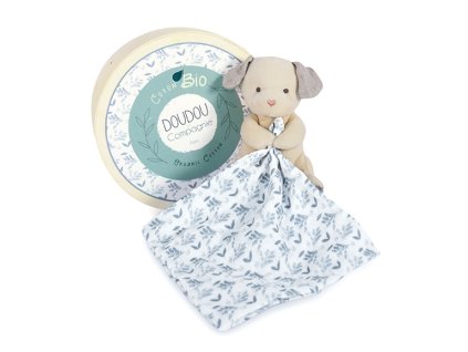 Doudou Dárková sada - Plyšový pejsek s dečkou z  BIO bavlny 15 cm