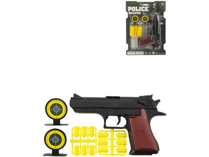 Pistole dětská špuntovka 17cm set se 2 terči a náboji plast na kartě