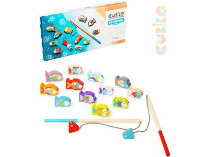 CUBIKA DŘEVO Baby hra dětský Rybolov 14 dílků set 2 pruty + 12 rybiček