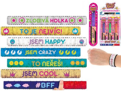 Náramek s rolující páskou Secret Bandz 23cm český nápis s flitry 12 druhů