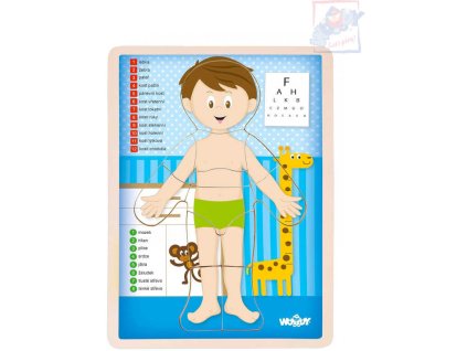 WOODY DŘEVO Puzzle kluk naučná skládačka set 13 dílků s podložkou