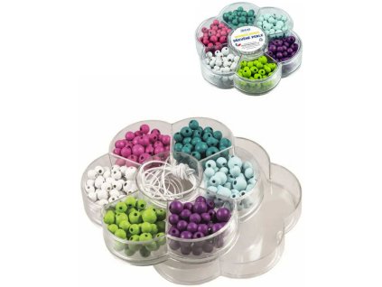 DETOA DŘEVO Perličky v kytičce II. set barevné korálky 180ks s provázky