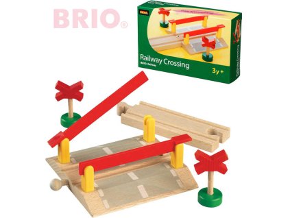 BRIO DŘEVO Železniční přejezd funkční set 4ks se závorami doplněk k vláčkodráze