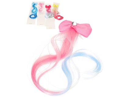 Příčesek umělé vlasy dětské 29cm pramínek vlasů dvojbarevný s mašlí 4 barvy