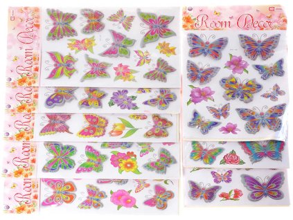 Samolepky 2D/3D motýli 12ks třpytivá nástěnná dekorace na zeď různé druhy