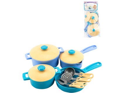 Pánev s hrnci a kuchyňskými nástroji set 11ks dětské barevné nádobí plast