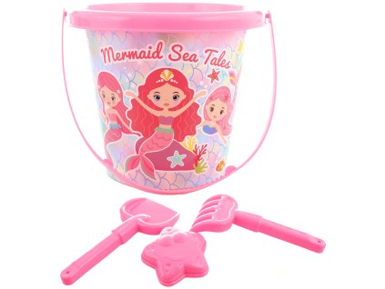 Pískový set kyblík 15cm s formičkou a 2 nástroji Mořská panna sada na písek 4ks