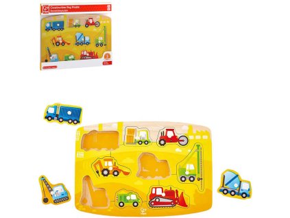 HAPE DŘEVO Puzzle na desce Stavaři auta 9 dílků s úchyty skládačka