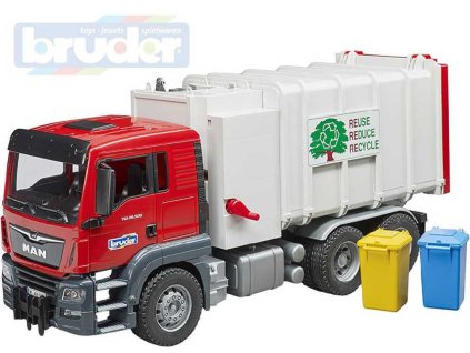 BRUDER 03761 Auto MAN TGS popeláři funkční model 1:16 set se 2 popelnicemi