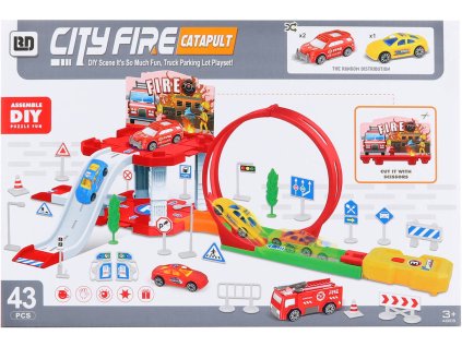 Dráha hasičská stanice s katapultem set se 3 autíčky a dopravním značením