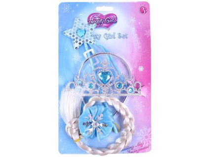 Princezna zimní království set korunka s copem a hůlkou na kartě plast