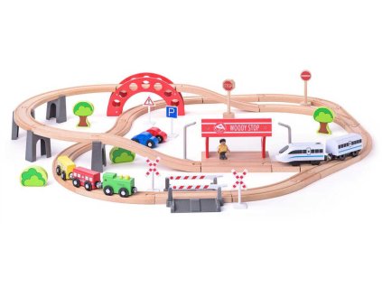 WOODY DŘEVO Vláčkodráha s elektrickou mašinkou 60 dílků na baterie