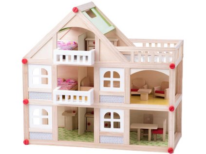 WOODY DŘEVO Domeček s balkónem set se 4 panenkami a doplňky 2 patra