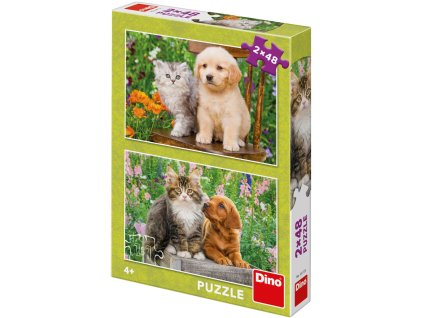 DINO Puzzle Pejsek a kočička na zahradě 2x48 dílků 26x18cm skládačka