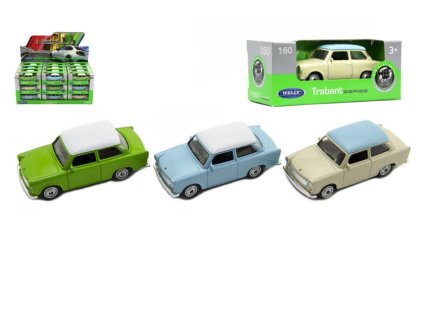 Auto Welly Trabant 1:60 kov 7cm mix barev volný chod v krabičce 36ks v boxu