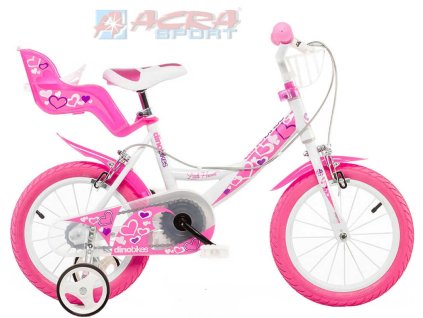 ACRA Dětské kolo Dino 144 bílo-růžové 14" pro holčičky s nosičem a košíkem