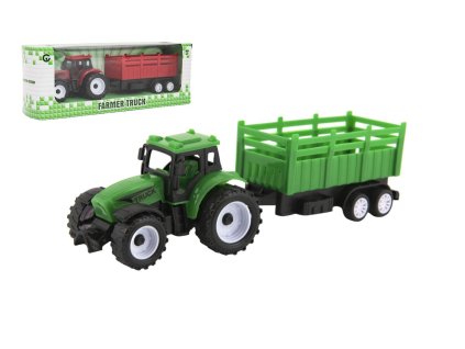 Traktor s vlekem plast 21cm na volný chod 2 barvy v krabičce 23x9x6cm