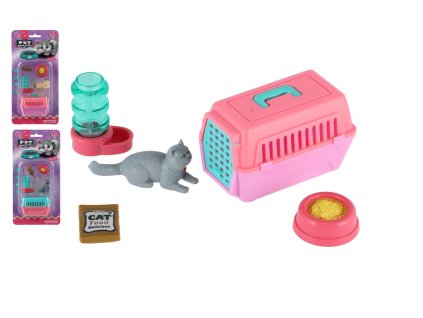 Mazlíček/kočka s přenosným boxem plast 4cm s doplňky 4 druhy na kartě 12,5x25x5cm
