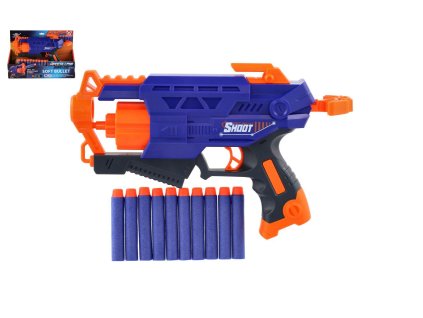 Pistole na pěnové náboje 28cm plast + 10 ks nábojů v krabici 31x22x7cm