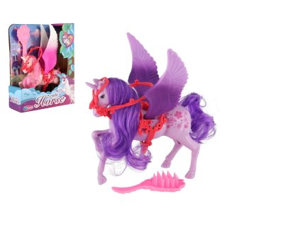 Jednorožec/kůň s křídly česací s hřebenem plast 22cm 3 barvy v krabičce 17x22x6cm