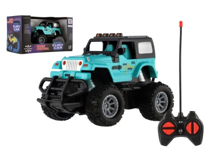 Auto RC terénní 14cm plast 27MHz na baterie se světlem tyrkysové v krabici 20x11x10cm