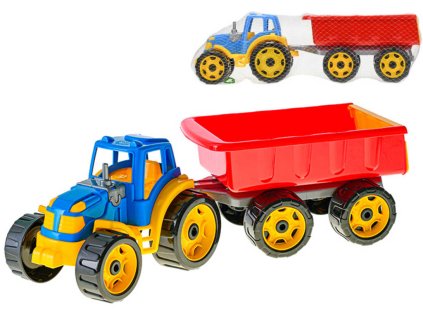 Traktor barevný set se sklápěcím přívěsem 54cm plast v síťce
