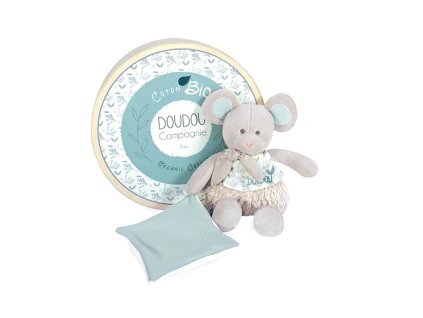 Doudou Dárková sada -  Plyšová myška s dečkou z  BIO bavlny 22 cm