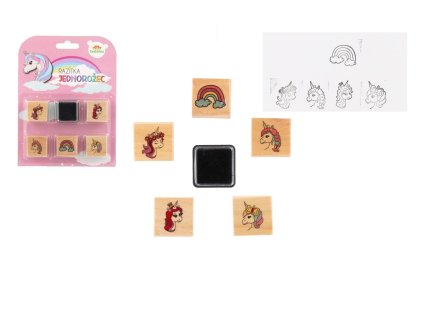 Razítka dřevěná  5+1 s poduškou jednorožci 3x3cm na kartě